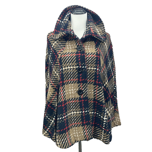 Cejon Jackets & Blazers - Cejon Poncho Womens S/M Wool Blend Tweed Tartan Plaid High Collar Tan Navy Red